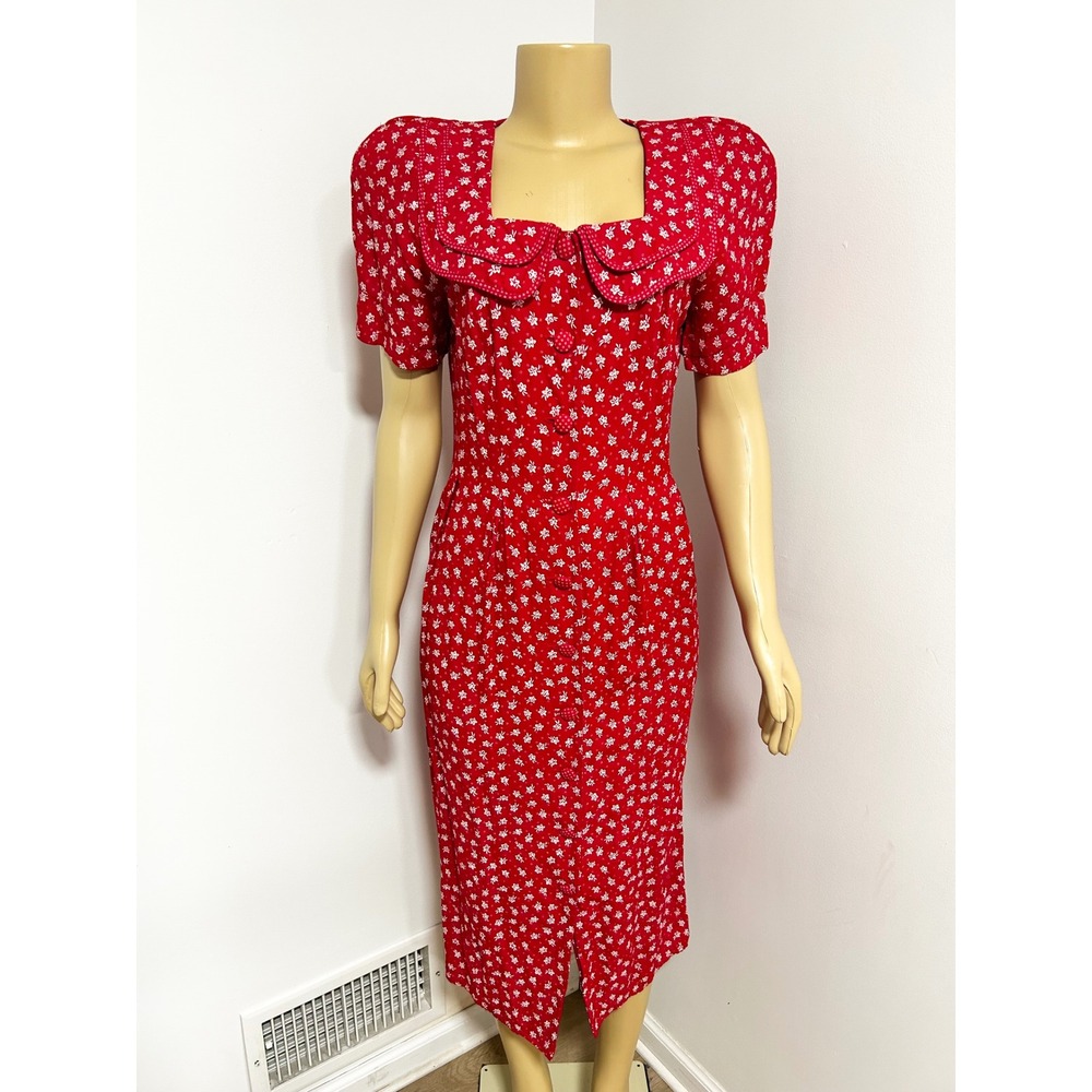 Atina by Karon Crosby Vintage Red Floral Midi Dress Square Neck Size 10